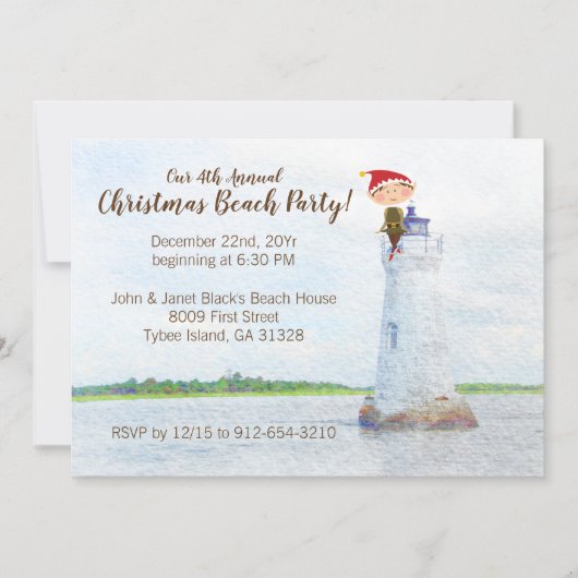 Kerststrandfeest Watercolor Vuurtoren Kaart (Voorkant)