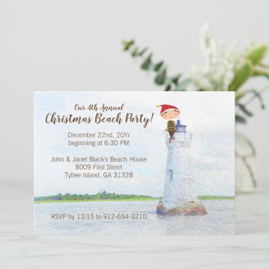 Kerststrandfeest Watercolor Vuurtoren Kaart (Staand voorkant)