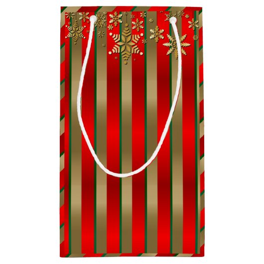 Kerststrepen in goud, rood en groen klein cadeauzakje (Achterkant)