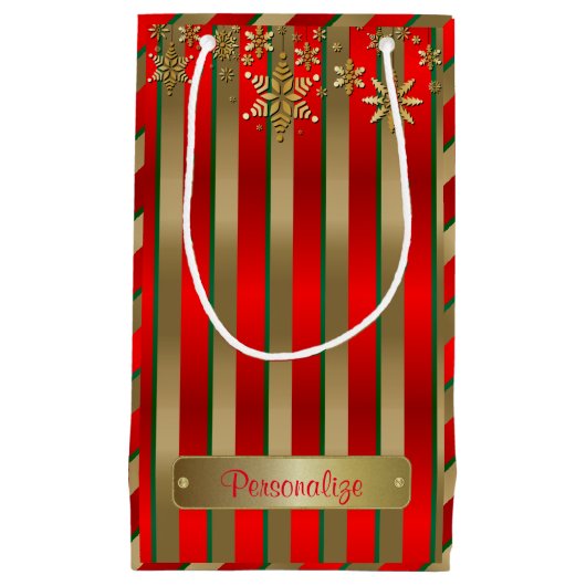 Kerststrepen in goud, rood en groen klein cadeauzakje (Voorkant)