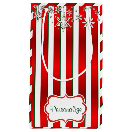 Kerststrepen in wit, groen en rood klein cadeauzakje (Voorkant)