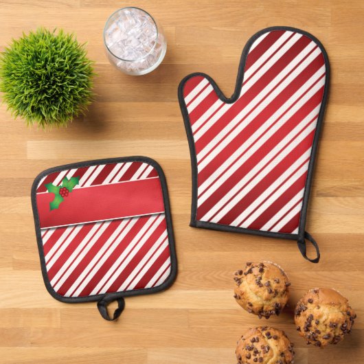 Kerststrepen met Holly Ovenwant & Pannenlap Set (Top down)