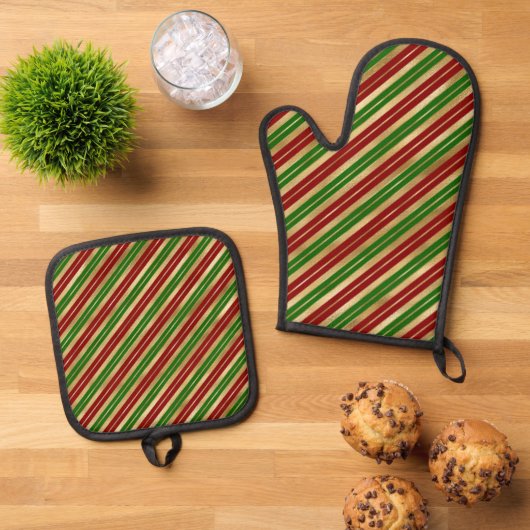 Kerststrepen Red Green Gold Ovenwant & Pannenlap Set (Top down)