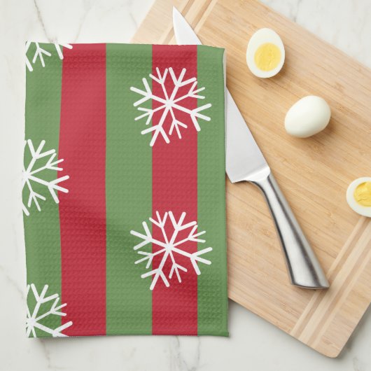 kerststrepen Snowflakes Festive Red Green Theedoek (Quarter Fold)
