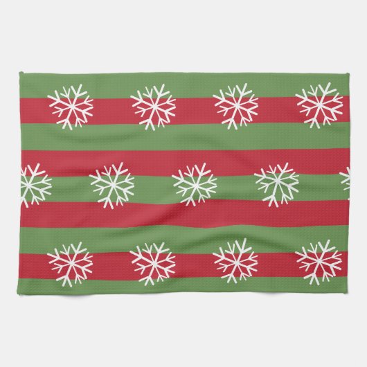 kerststrepen Snowflakes Festive Red Green Theedoek (Horizontaal)