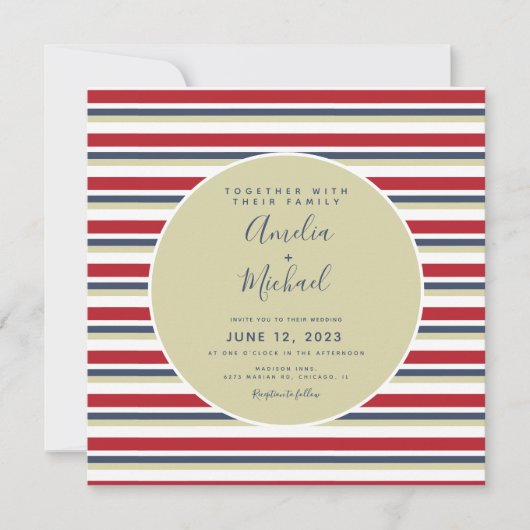 KerstStripes Beige Red Navy Vintage Weddenschap Kaart (Voorkant)