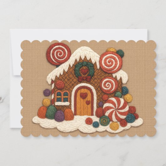 Kerststuk Geborduurd Ontwerp van een Kersthuisje Feestdagenkaart (Voorkant)