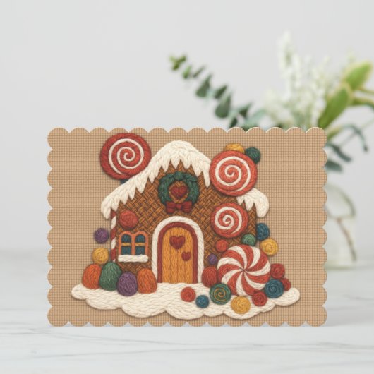 Kerststuk Geborduurd Ontwerp van een Kersthuisje Feestdagenkaart (Staand voorkant)