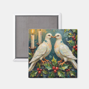 Kerststuk met witte duiven en hulstguirlande in vi magneet