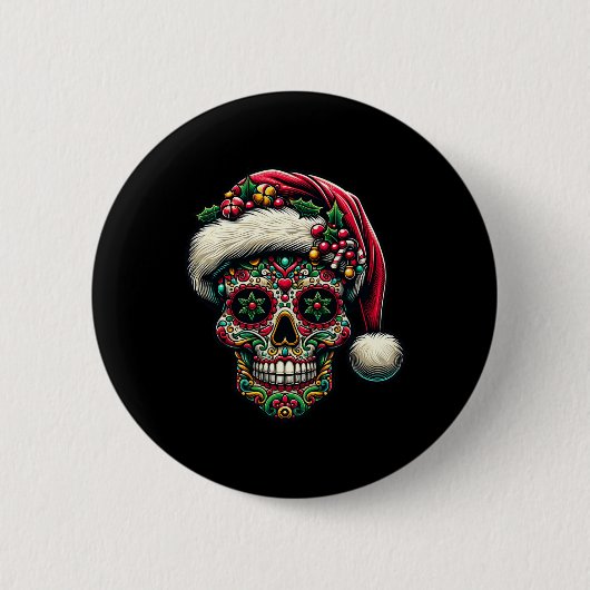 Kerstsuiker schedel Kerstman Hoed Dag van de Doden Ronde Button 5,7 Cm (Voorkant)