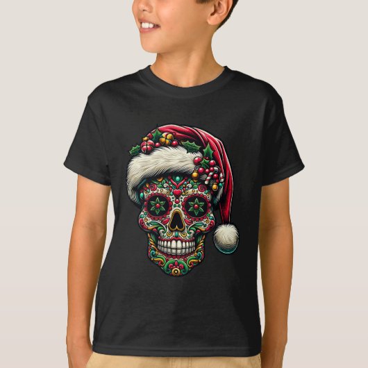 Kerstsuiker schedel Kerstman Hoed Dag van de Doden T-shirt (Voorkant)