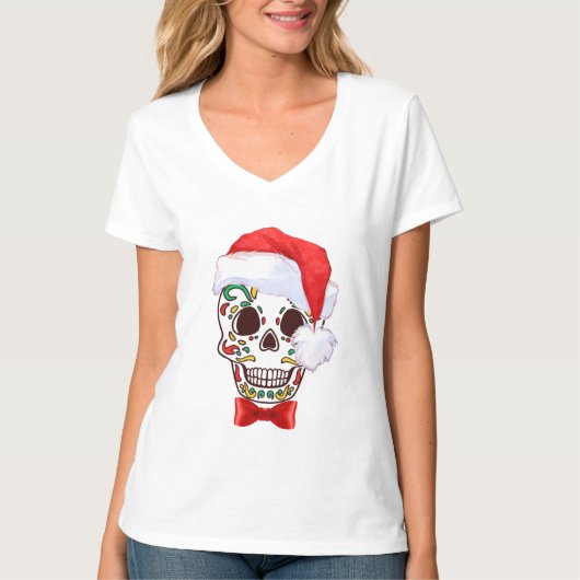 Kerstsuiker schedel met kerstmuts - shirt (Voorkant)