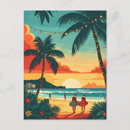 Kerstsurfers Tropisch Strand Zonsondergang Briefkaart (Voorkant)