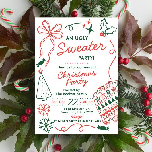 Kerstsweaterfeest met de Hand Getekende Kerst Krab Kaart