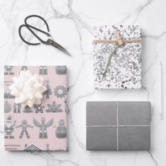 Kerstsymbolen Glitter Zilver Inpakpapier Vel (Voorkant)