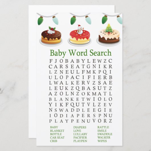 kersttaart Baby shower Word Search Game (Voorkant / Achterkant)