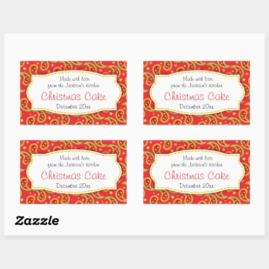 Kersttaart paisley rood voedseletiket sticker (Vel)