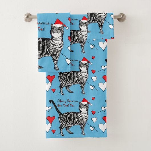 Kersttablet Kat Cool Cats Blue Red Towel Set Bad Handdoek (Insitu)
