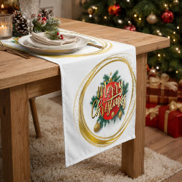 Kersttafelloper van goud met vrolijke kerstboodsch medium tafelloper