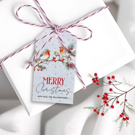 Kersttak met roodborst vogels en bessen cadeaulabel