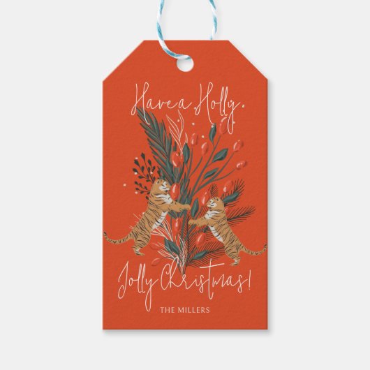 Kersttak & Tijgers Holly Jolly Kerstmis Cadeaulabel (Voorkant)