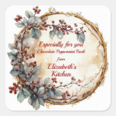 Kersttakje krans rode bessen bladeren vierkante sticker (Voorkant)