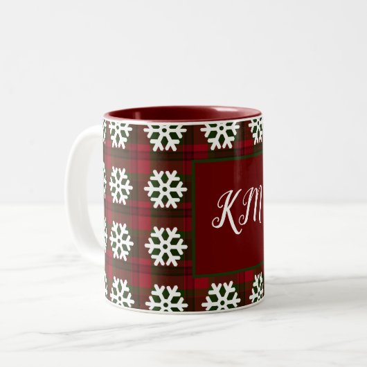 Kersttartan Monogram Snowflake Red Green Tweekleurige Koffiemok (Voorkant links)