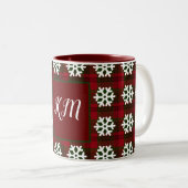 Kersttartan Monogram Snowflake Red Green Tweekleurige Koffiemok (Voorkant rechts)