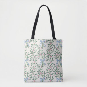Kersttas met blauwe strik en hulst Motief Crème Tote Bag