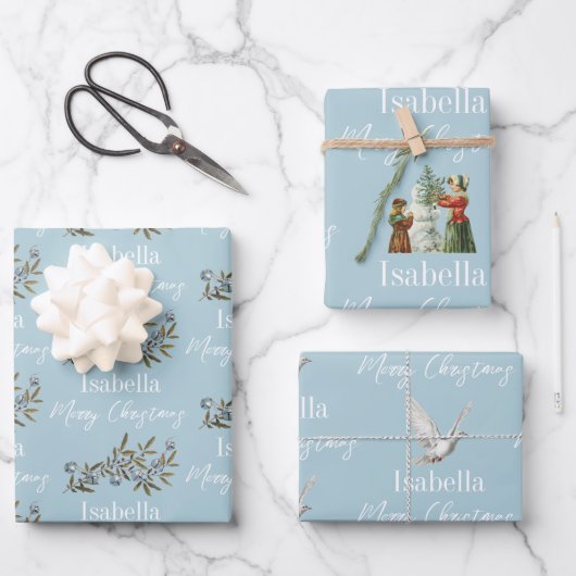 kersttasje Blauwe  Naam Inpakpapier Vel (Voorkant)