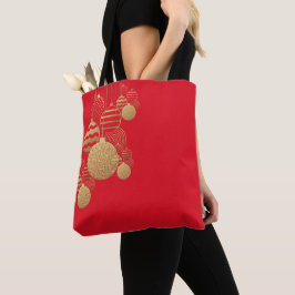 Kersttassen met kerstballen op rode achtergrond tote bag