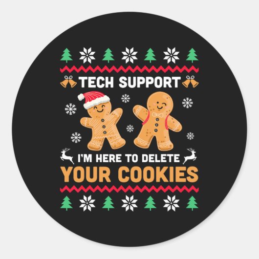 Kersttechnische ondersteuning hier om Cookie Xmas Ronde Sticker (Voorkant)