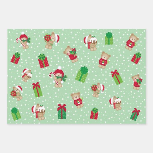 Kerstteddies, Holly Berries, Snowflakes set Inpakpapier Vel (Voorkant)