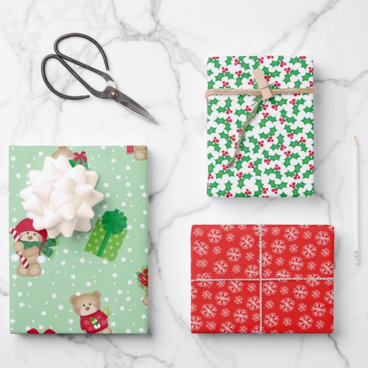 Kerstteddies, Holly Berries, Snowflakes set Inpakpapier Vel (Voorkant)
