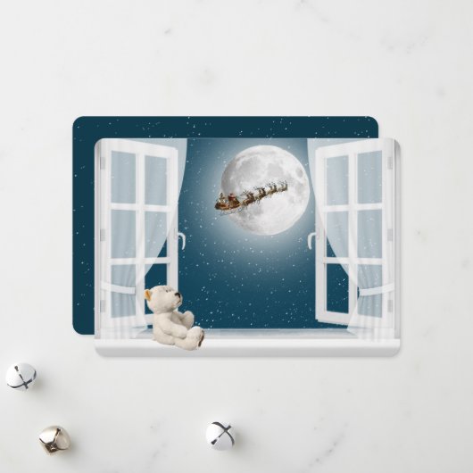 KerstTeddy Bear in Window Feestdagenkaart (Voorkant / Achterkant in situ)