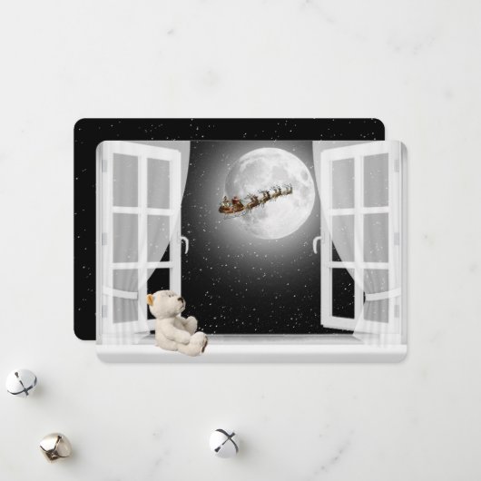 KerstTeddy Bear in Window Feestdagenkaart (Voorkant / Achterkant in situ)