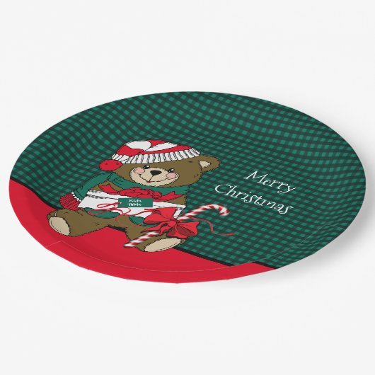 kerstteddybear Rood en groene Kinder tafels Papieren Bordje (Gekanteld)