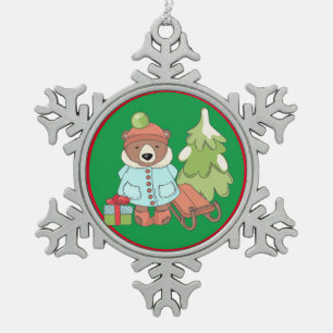 Kerstteddybeer Couple met cadeau Tin Sneeuwvlok Ornament
