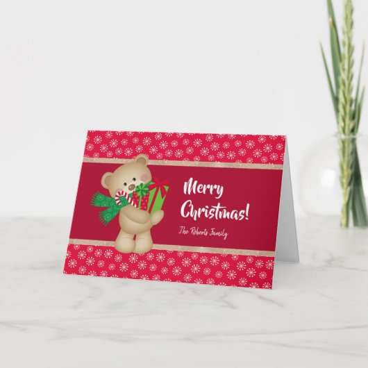 Kerstteddybeer en familiefoto, rood kaart (Voorkant)