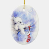 kerstteddybeer in een boomstop keramisch ornament (Voorkant)