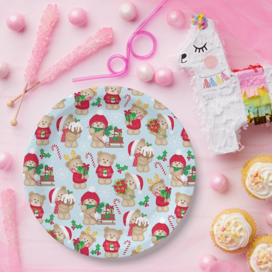 Kerstteddybeer in rood en groen papieren bordje (Feest)