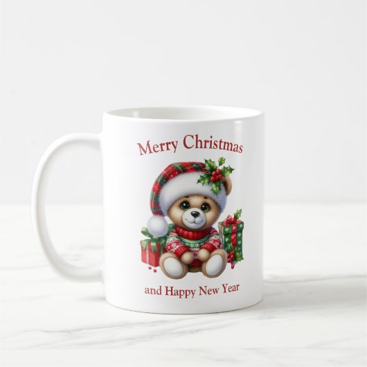 Kerstteddybeer met cadeaus en maretak koffiemok (Links)