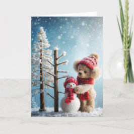 Kerstteddybeer met een sneeuwpop feestdagen kaart