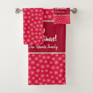 Kerstteddybeer met Gift en Snowflakes, rood Bad Handdoek