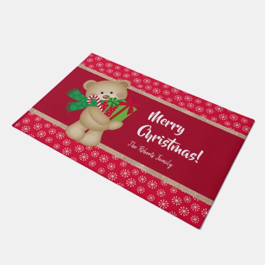 Kerstteddybeer met Gift en Snowflakes, rood Deurmat (Schuin)