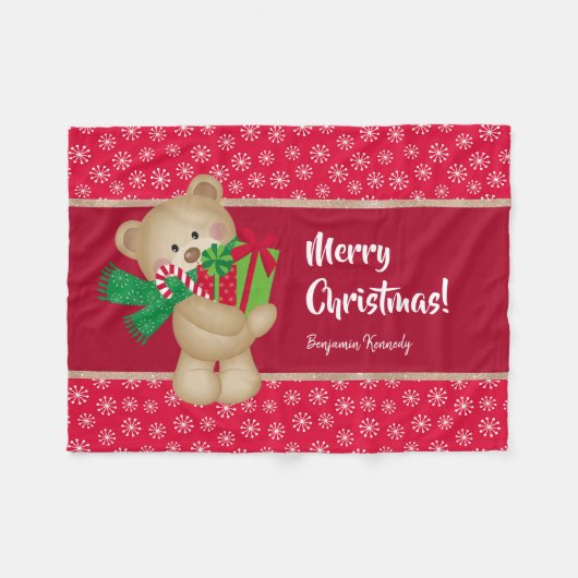 Kerstteddybeer met Gift en Snowflakes, rood Fleece Deken (Voorkant (Horizontaal))