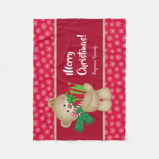 Kerstteddybeer met Gift en Snowflakes, rood Fleece Deken (Voorkant)