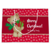 Kerstteddybeer met Gift en Snowflakes, rood Groot Cadeauzakje (Voorkant)