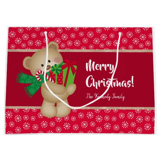 Kerstteddybeer met Gift en Snowflakes, rood Groot Cadeauzakje (Voorkant)