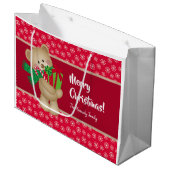 Kerstteddybeer met Gift en Snowflakes, rood Groot Cadeauzakje (Voorkant Gekanteld)
